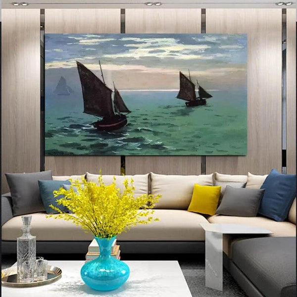 Hand Painted Monet Fishing Boats at Sea 1868 Abstract Sea View Oil Painting Arts Decoration