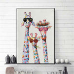 Kinderzimmer-Kunst-buntes Tier drei Giraffen-Familie mit Brille HQ Leinwanddruck