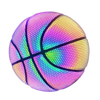 ფერადი ჰოლოგრაფიული ამრეკლავი კალათბურთის ბურთი PU ტყავის აცვიათ რეზისტენტული ღამის თამაში Street Glowing Basketball