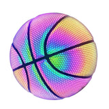Spalvingas holografinis atspindintis krepšinio kamuolys iš PU odos, atsparus nusidėvėjimui naktinis žaidimas Gatvės švytintis krepšinis