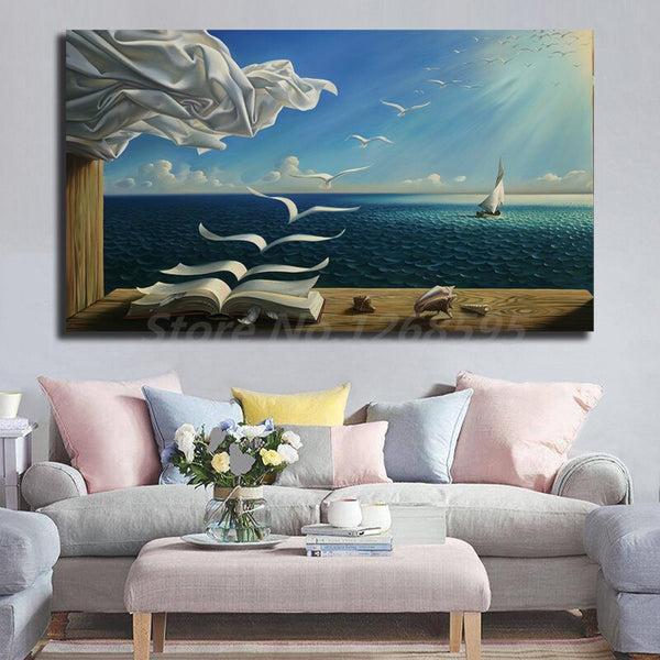 Salvador Dali FRAME AVAILABLE The Waves Book Sailboat HQ Canvas Painting Print