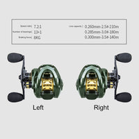 7.2/1 სიჩქარის კოეფიციენტი დაბალი პროფილის Baitcasting Fishing Reel 13+1BB Metal Spool Wheel for Fishing Reel Wheels Tools