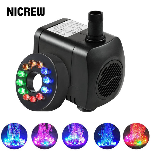 Submersible Fountain Water Pump with 12 Color LED Light for Fish Tank Aquarium Pond Pool Water Pump Decoration 15W 800L/H
