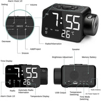 Sveglia a proiezione digitale a LED Orologio da parete con proiettore radio FM Snooze Timer USB Sveglia con temperatura Decorazioni per la casa