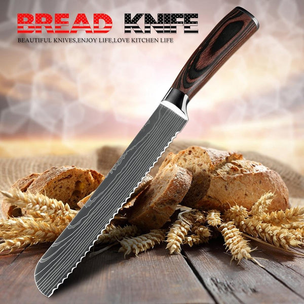 Xituo Kitchen Bread Knife Serrated Design Laser Damascus Stainless Steel Blade 8 Inch Chef Knives