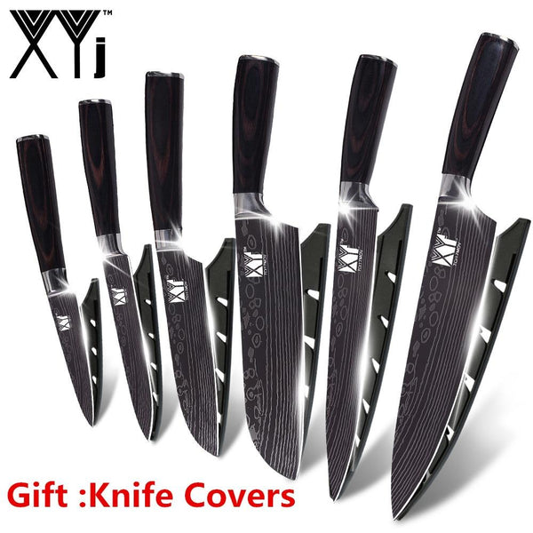 Xyj 7Cr17 Stainless Steel Kitchen Knife Cutlery Cooking Tools Damascus Veins Set Accessories