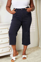 Judy blauwe full-size hoge taille buikcontrole kledingstuk geverfde wijde cropped jeans