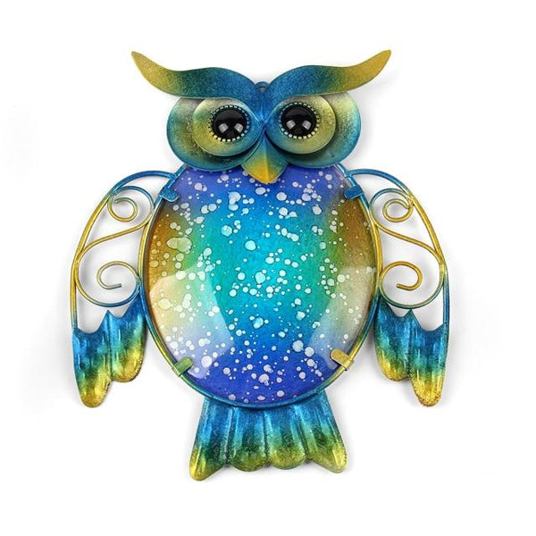 Handmade Garden Metal Owl Wall Artwork with Blue Painting Glass for Garden Decoration Outdoor Animal Statues and Scuptures for Yard