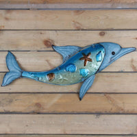 Handmade Garden Blue Dolphin Wall Artwork With Painting Glass for Outdoor Decoration Statues and Home Garden Decoration