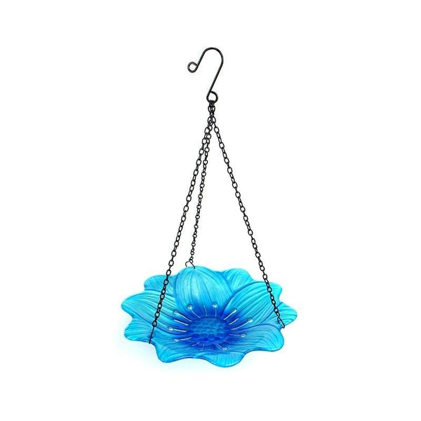 Handmade Hanging Bird Bath Blue Flower Glass Bowl Feeder for Garden Decoration Outdoor Yard and Patio and Bathroom Accessories for Bird