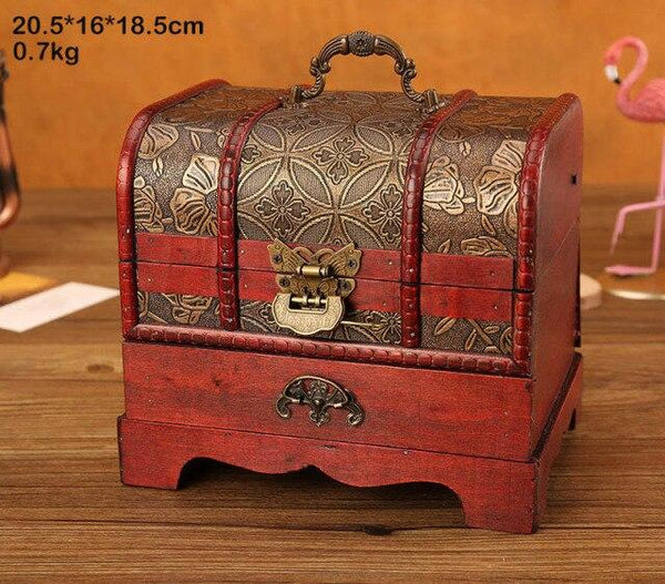 Classic Antique Wooden Treasure Box Ornament Craft Jewelry Box With Lock Drawer Household Retro Jewelry Storage Boxes Home Decor