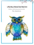 Handmade Garden Metal Owl Wall Artwork with Blue Painting Glass for Garden Decoration Outdoor Animal Statues and Scuptures for Yard