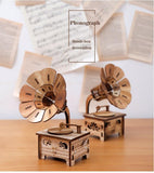 Vintage Wooden Retro Record Player Music Box Crafts Gramophone Trumpet Model Music Box Ornaments Home Bar Shop Decoration Gifts