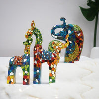 Handmade Elephant and Giraffe Resin Mosaic for Home Decoration Animal Statues and Sculptures Ornaments Set of 2