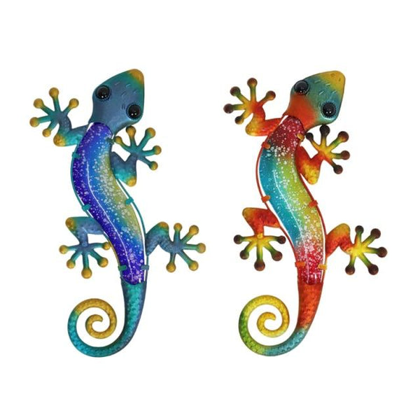 Handmade Metal Gecko Wall Art with Glass for Home Garden Decoration and Miniatures Statues Outdoor Ornaments Set of 2
