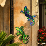 Handmade Metal Lizard Wall Art with Green Glass Painting for Garden Outdoor Decoration Animal Statues and Sculptures Set of 2
