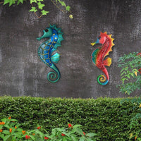 Rankų darbo sodo sienų meno metalo jūrų arkliuko dekoravimas su stiklu namų lauko gyvūnams Jardino miniatiūrinės statulos ir skulptūrų rinkinys iš 2