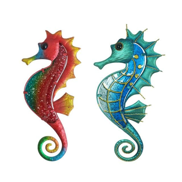 Handmade Garden Wall Art Metal Seahorse Decoration with Glass for Home Outdoor Animales Jardin Miniature Statues and Sculpture Set of 2
