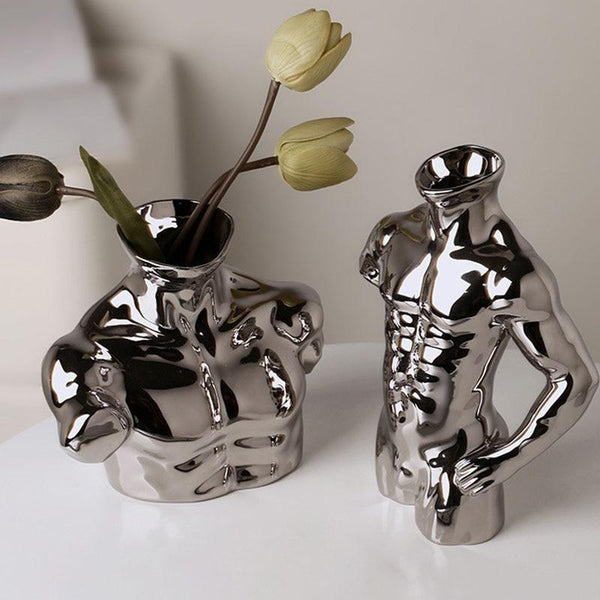 European Modern Human Body Art Vase Ceramic Electroplated Silver Color Flower Arrangement Desktop Decor Ornaments Furnishings