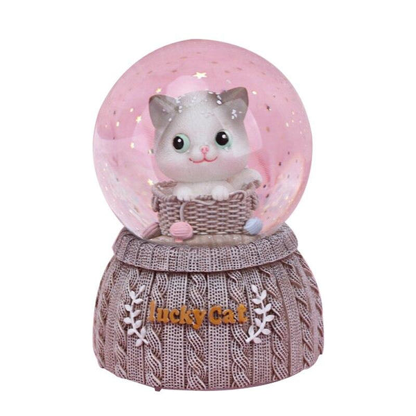 Handmade Lucky Cat Knitted Crystal Ball Base Resin Figurine Home Decoration Accessories Cartoon Cat Ornament Music Box Wedding Decor Gift