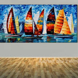 Large Size Hand Painted Abstract Boat Sea Beach Oil Painting On Canvas 40X80Cm / 09