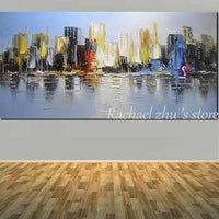 Large Size Hand Painted Abstract Boat Sea Beach Oil Painting On Canvas 40X80Cm / 19
