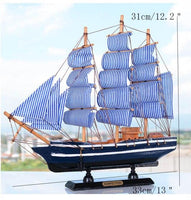 Wooden Crafts Mediterranean Style Smooth Sailing Boat Figurines Blue Sailboat Miniature Ornaments Home Office Desktop Decor Gift