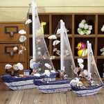 Handmade Mediterranean Style Retro Sailing Boat Figurines Ornaments Wooden Crafts Blue Ship Shell Boats Miniature Home Office Decor Gifts
