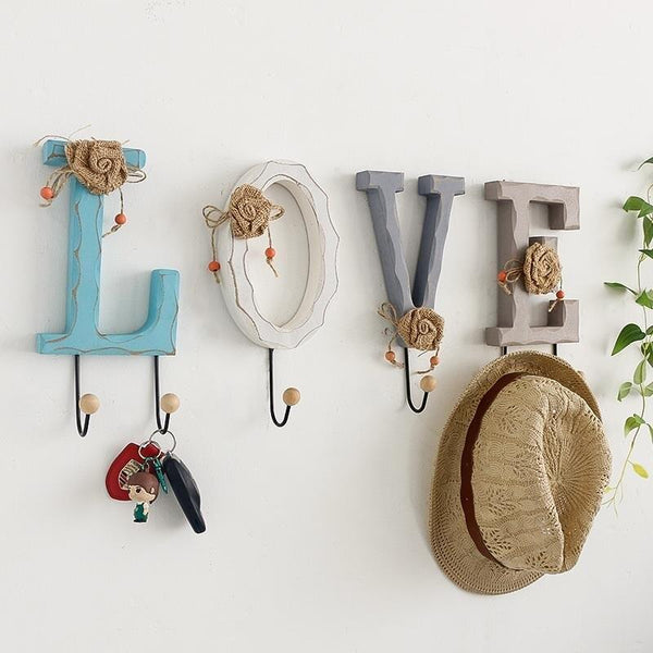 American Retro Wooden LOVE Letter Wall Hanging Hooks Ornaments Coat Iron Hanger Hook Decorative Hook Home Decoration Craft Gifts